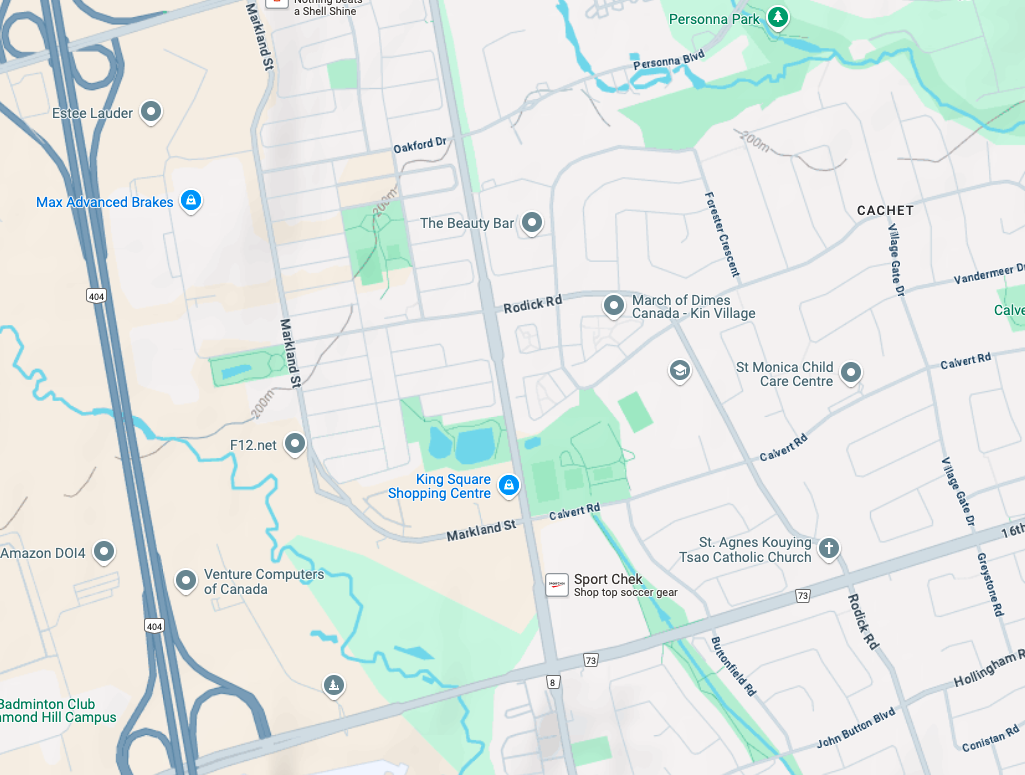 Map showing Erin’s studio near 16th Avenue and Woodbine in Markham, Ontario