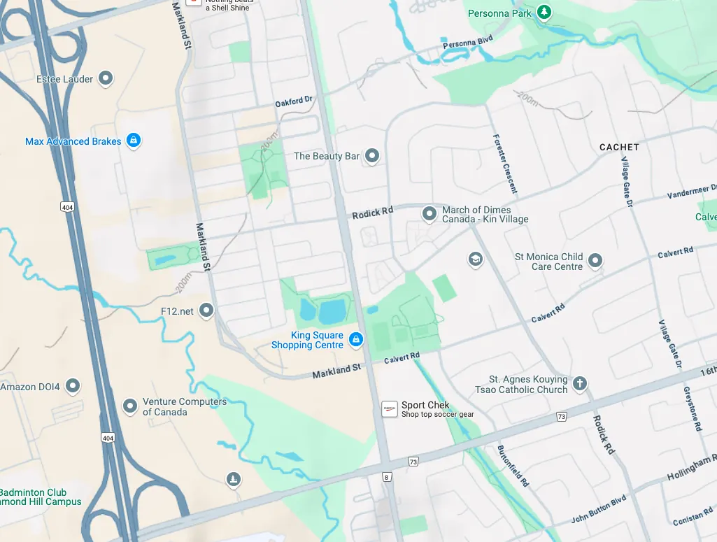Map showing Erin’s studio near 16th Avenue and Woodbine in Markham, Ontario